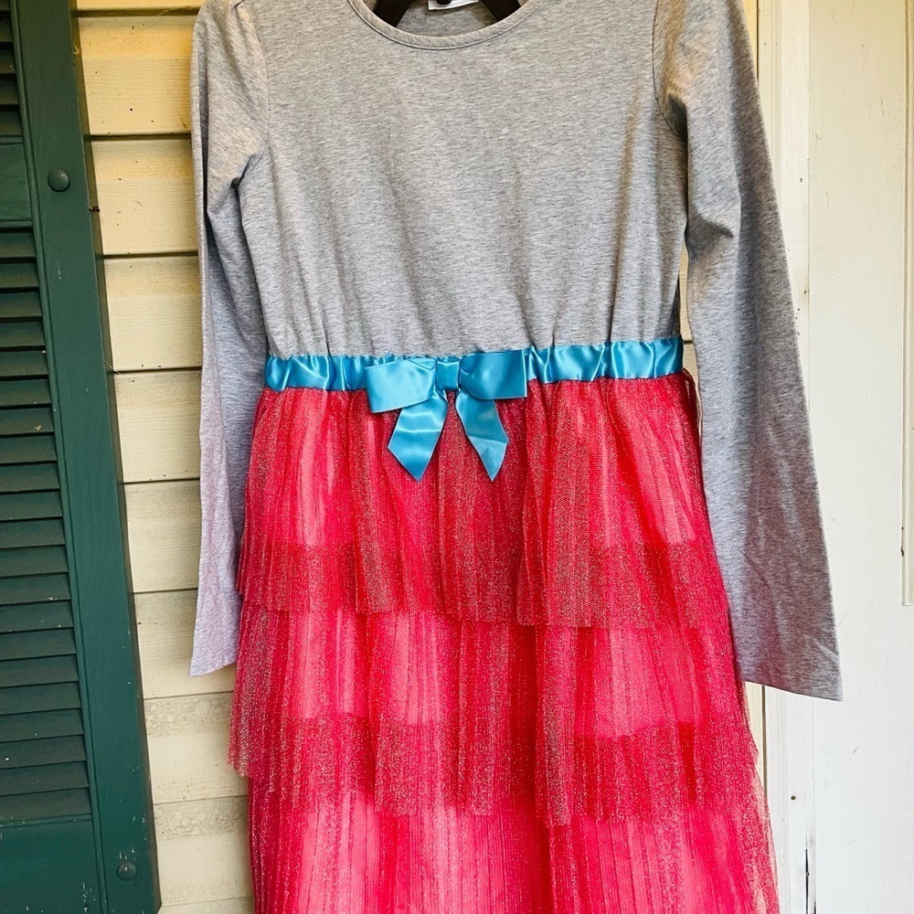 Hanna Andersson girls gray pink tulle glitter party dress long sleeved